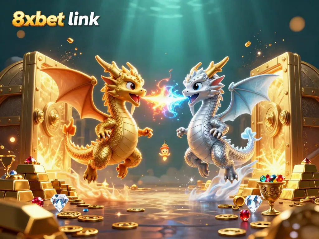 Explore the magical 8xbet link world with twin dragons and treasure in this vibrant illustration.