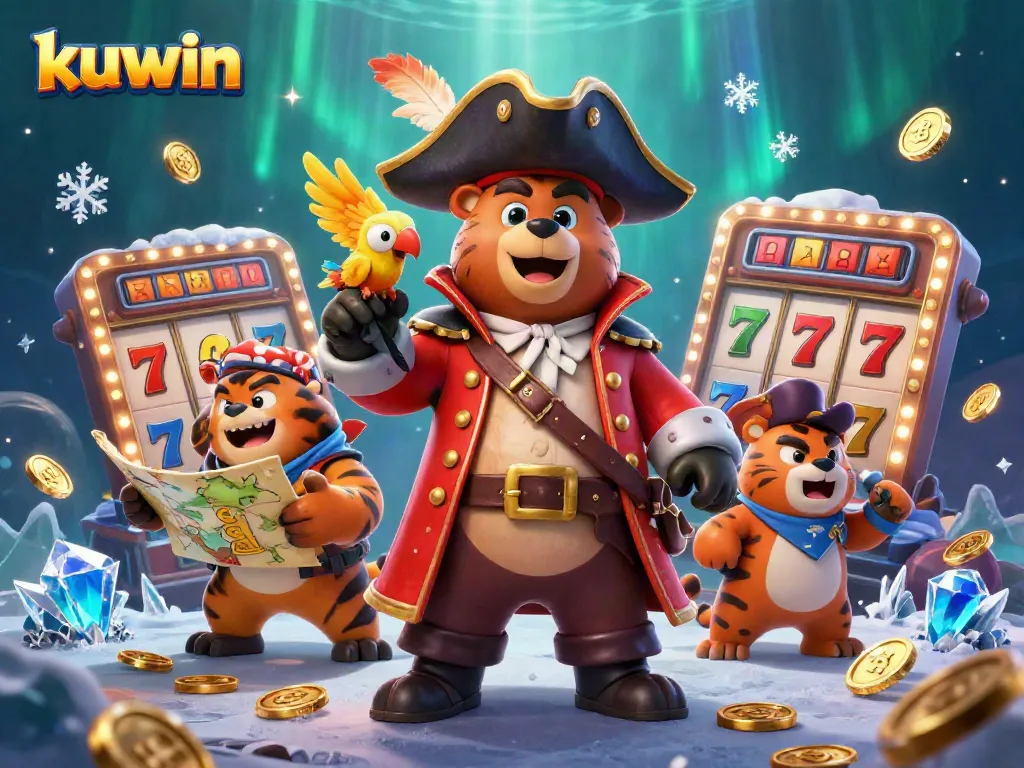 Kuwin's online casino experience celebrated through a vibrant 3D illustration featuring a pirate bear and friends winning with slot games.