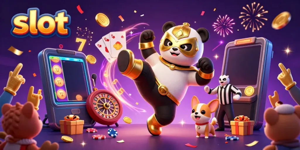 Engage in thrilling slot play with vibrant cartoon panda and chihuahua amidst golden celebration elements.
