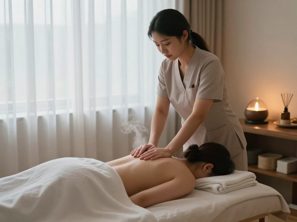 Enjoying 하남출장마사지 in a serene home setting with a professional therapist.