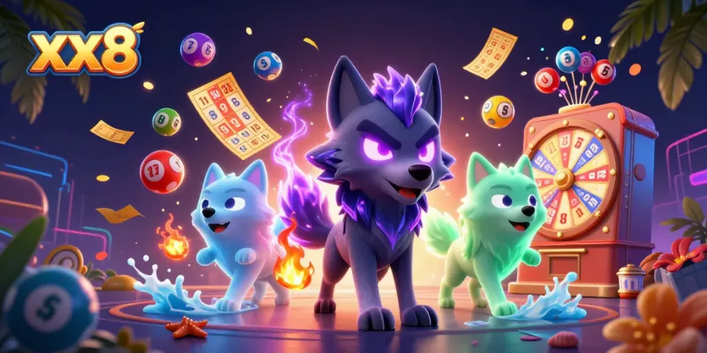 xx8 winning with glowing wolf characters surrounded by dynamic gambling elements