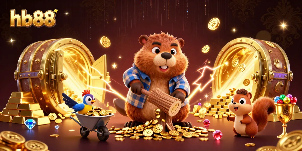 Experience thrilling gameplay with hb88 through vibrant gold treasures in an engaging cartoon scene.
