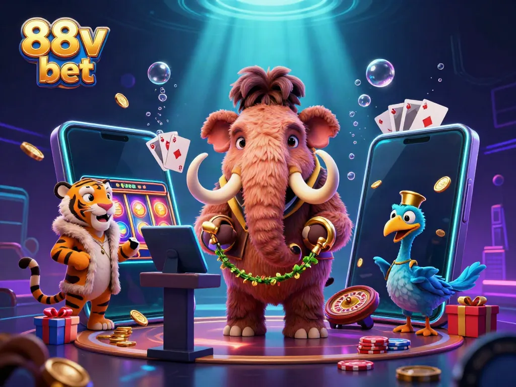 Experience the thrill of 88v bet with vibrant casino characters in a dynamic gaming scene.