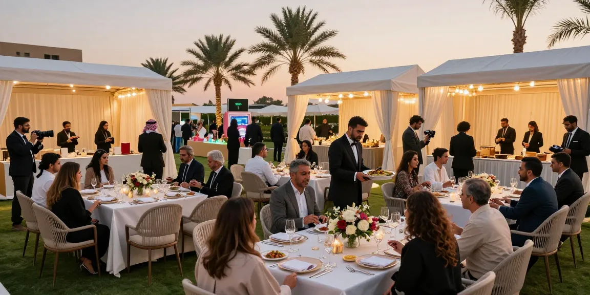 Event rentals at an outdoor gala in Riyadh, featuring elegant dining setups and engaging attractions.