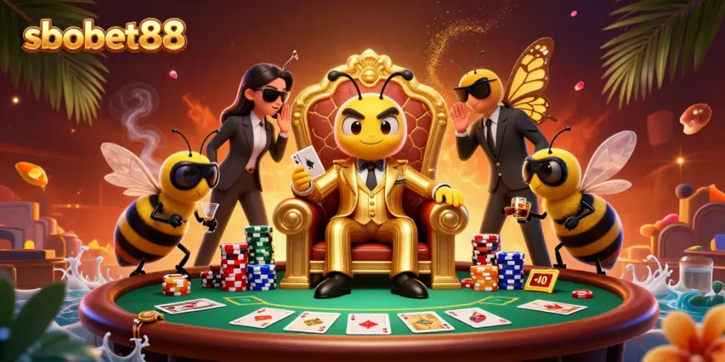 Engage with sbobet88 in a lively 3D scene featuring bumblebee mob boss, poker action, and vibrant casino atmosphere.