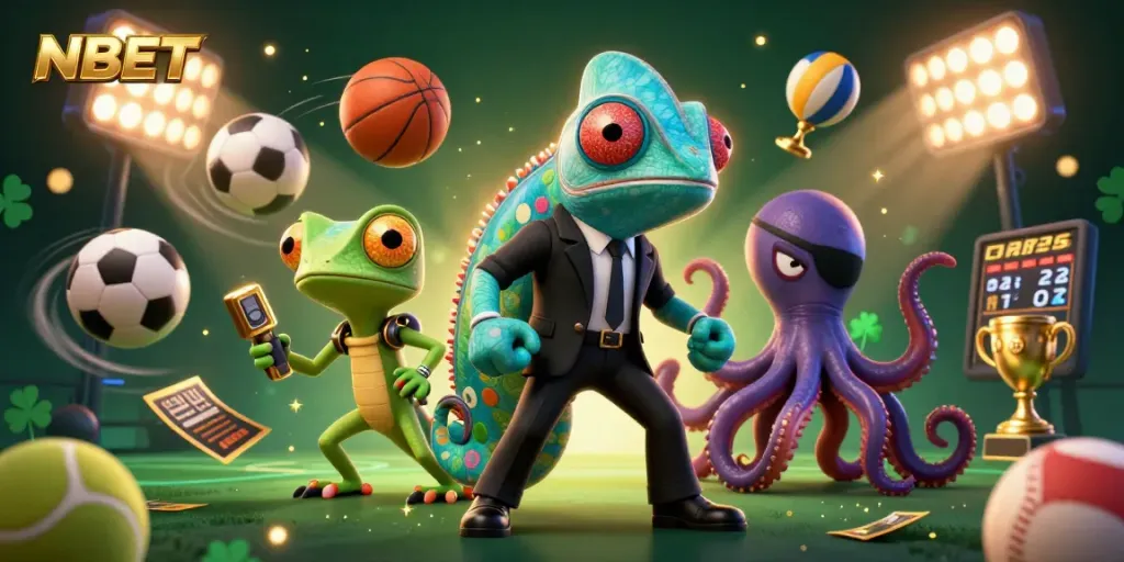 NBET showcases an engaging scene with a secret agent chameleon and sports elements for thrilling gameplay.