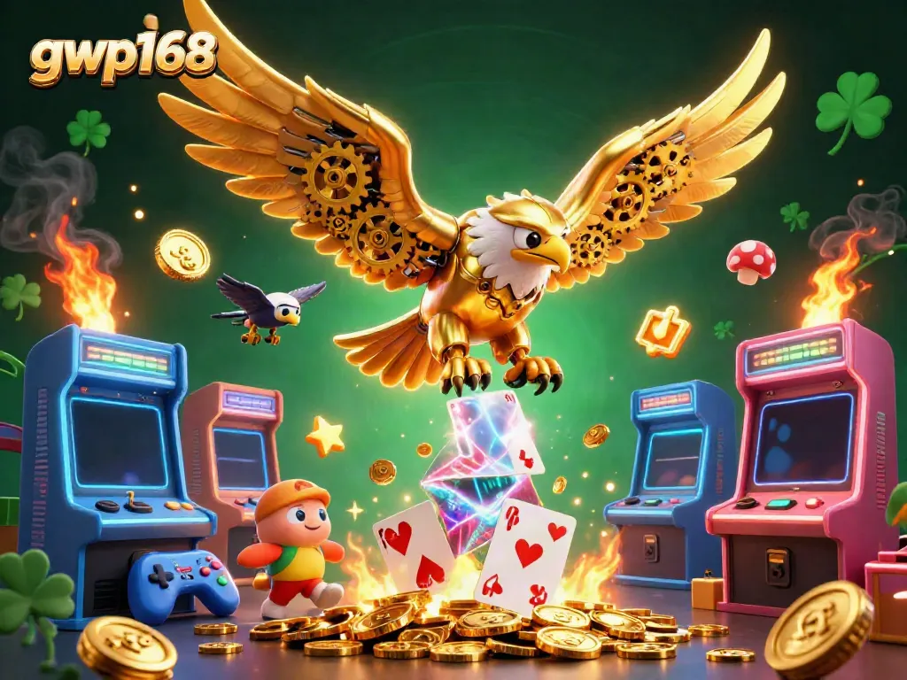 Permainan menarik di gwp168 dengan elang siber dan mesin arcade bersinar.
