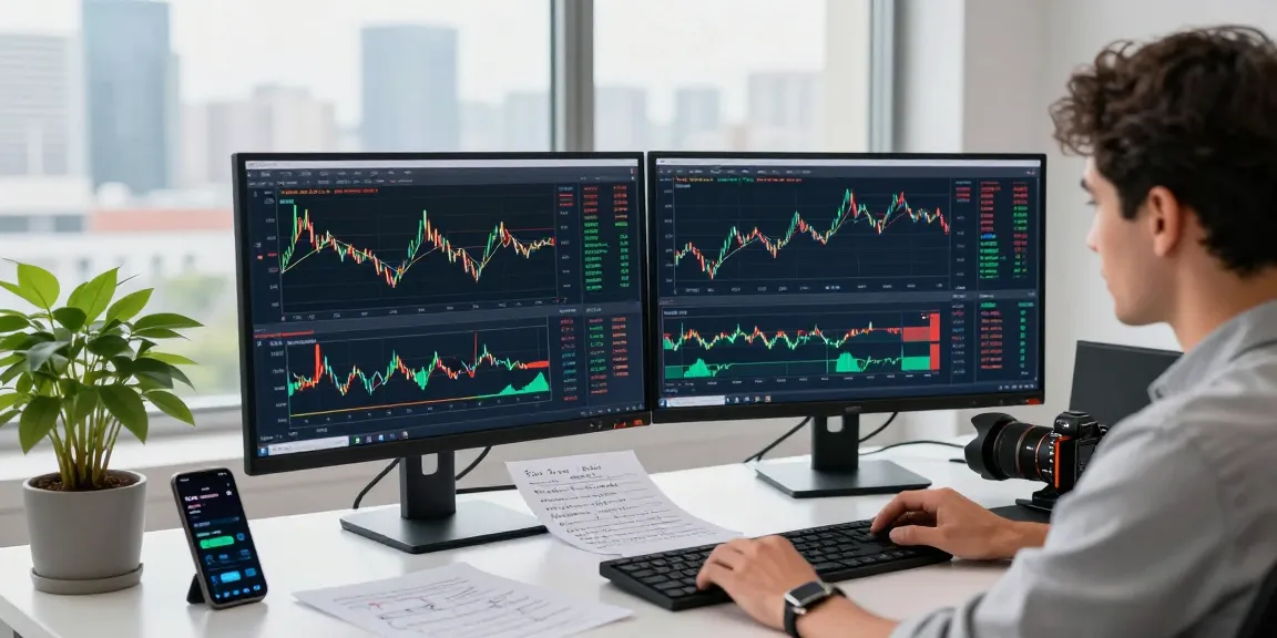 Trader using MetaTrader 4 software at a modern workstation, analyzing Forex charts.