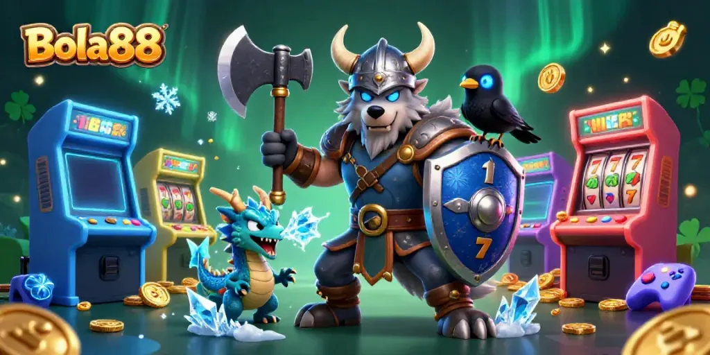 Bola88 engages players with a vivid 3D scene featuring a Viking wolf warrior and dragon among vibrant casino elements.