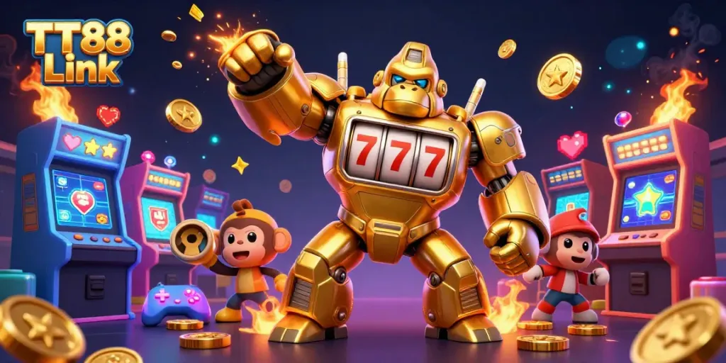Engage with TT88 Link using a dynamic illustration of a golden gorilla mech and colorful game elements.