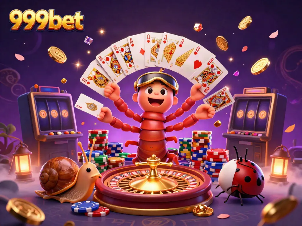 Engage in thrilling 999bet action as a millipede dealer showcases winning cards amidst sparkling gems and vibrant casino elements.