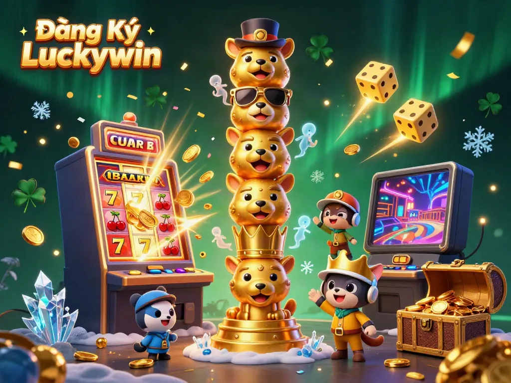 Engage with Đăng Ký Luckywin, featuring vibrant casino scenes and energetic characters in a dynamic, celebratory setting.
