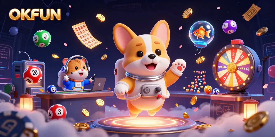 Win big with OKFUN as the corgi astronaut navigates a cosmic casino filled with vibrant slot elements!