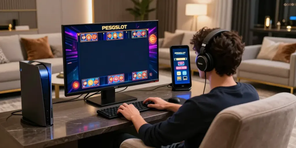 PESGSLOT player engaging with vibrant slot games in a stylish modern gaming lounge.