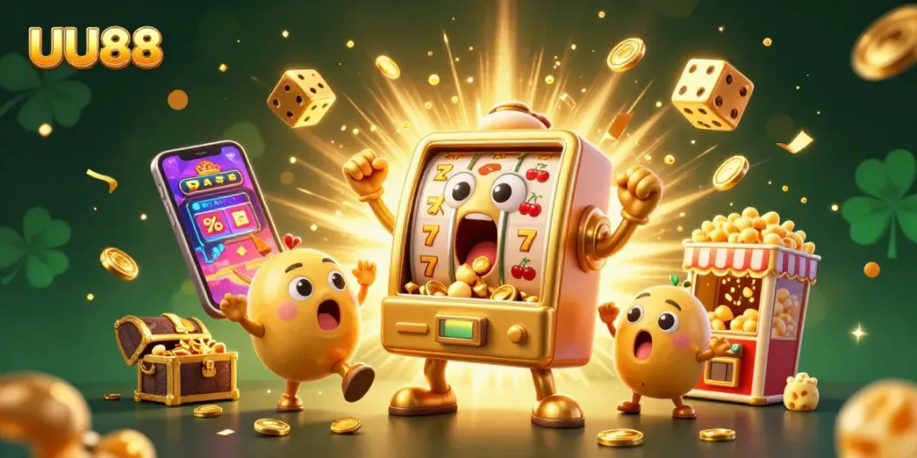 Experience the thrill of UU88 with slot machines cheering as jackpots explode in a dazzling casino scene.