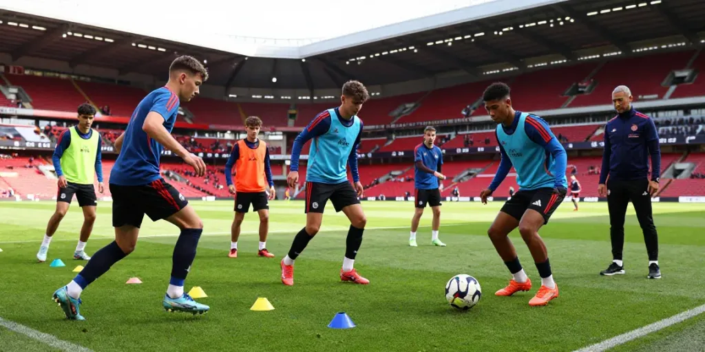 Premier League wonderkids training intensely on a sunny stadium field, showcasing skills and teamwork.