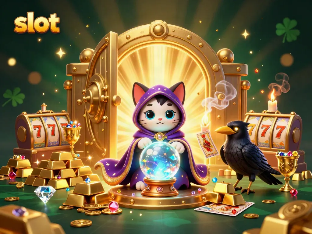 Memainkan slot di BMWSLOT88: ilustrasi kucing mistis dan burung gagak dalam dunia kasino