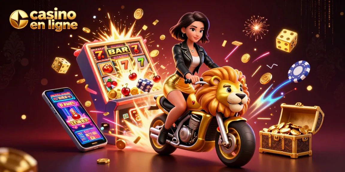 Vivez une expérience de jeu palpitante dans un casino en ligne avec un personnage glamour chevauchant une mascotte de lion doré.