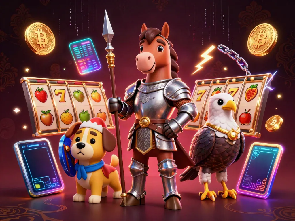 Slot mesin dan simbol keberuntungan dalam ilustrasi 3D yang menampilkan karakter ksatria dan anjing squire.
