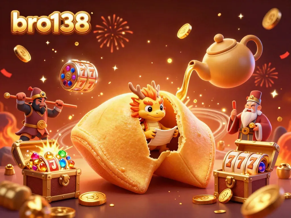 Experience thrilling wins at bro138 with a stunning illustration of a golden fortune cookie, dragon, and dynamic game elements.