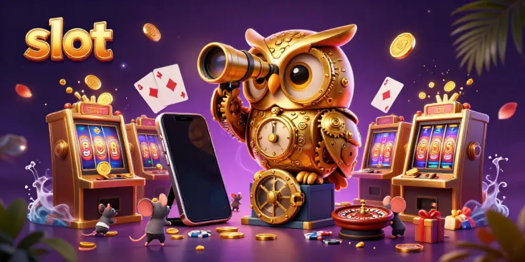 Mesin slot berjalan dengan hiburan interaktif dan hiasan kasino berwarna-warni.