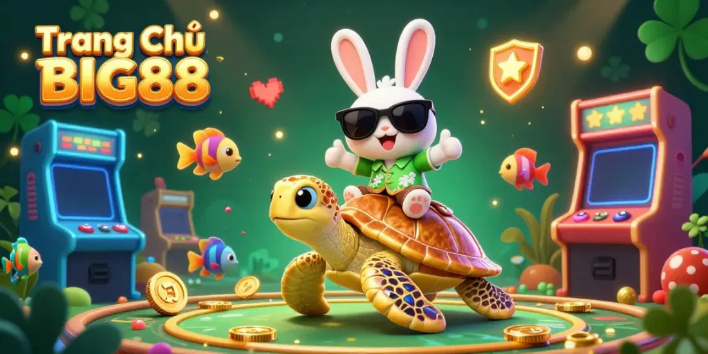 The lively scene of Trang Chủ BIG88 showcases a lucky rabbit and sea turtle in a vibrant underwater gambling atmosphere.