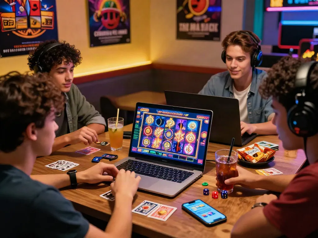 Friends enjoying an exciting slot gaming session on a laptop, showcasing vibrant graphics and colorful accessories.