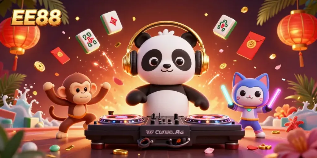 Experience the vibrant energy of EE88 with a 3D DJ panda, monkey dancer, and glowing kitten in a lively casino scene.