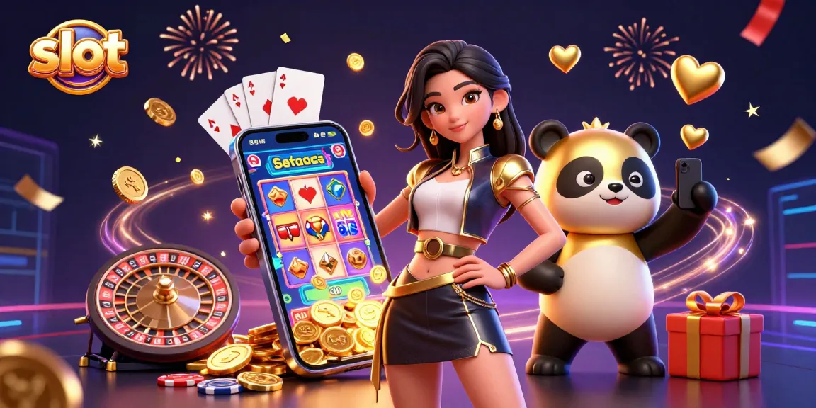 Experience excitement with slot games as a woman celebrates wins with her smartphone and a panda mascot.