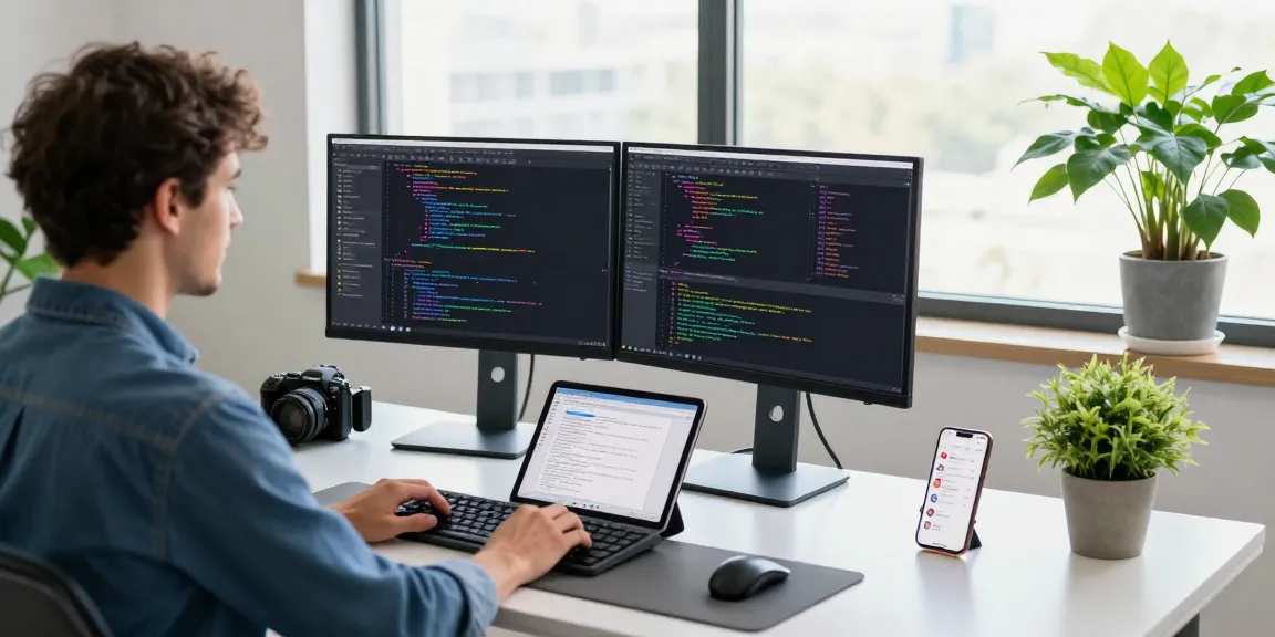 Kinetiq software developer coding in a modern tech workspace with dual monitors and natural light.