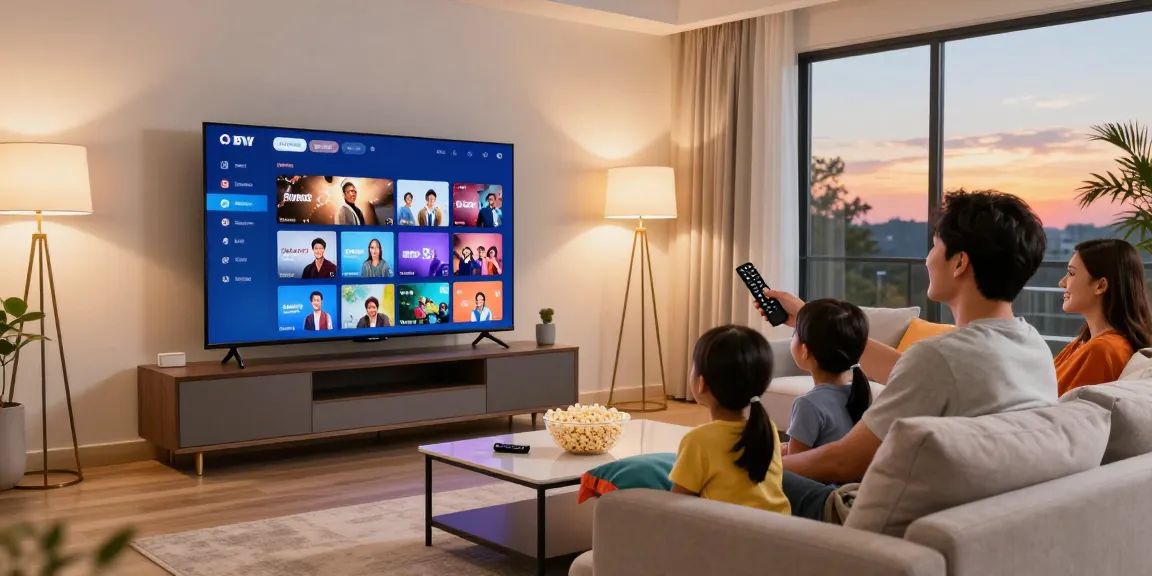 IPTV American family enjoying live TV streaming in their modern living room.