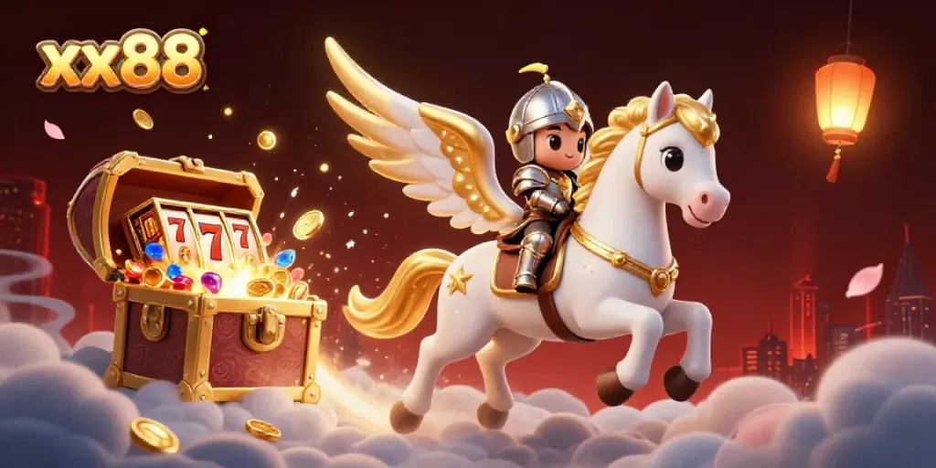 Experience the magical world of xx88 with a heroic knight on a celestial horse amidst dynamic casino elements.