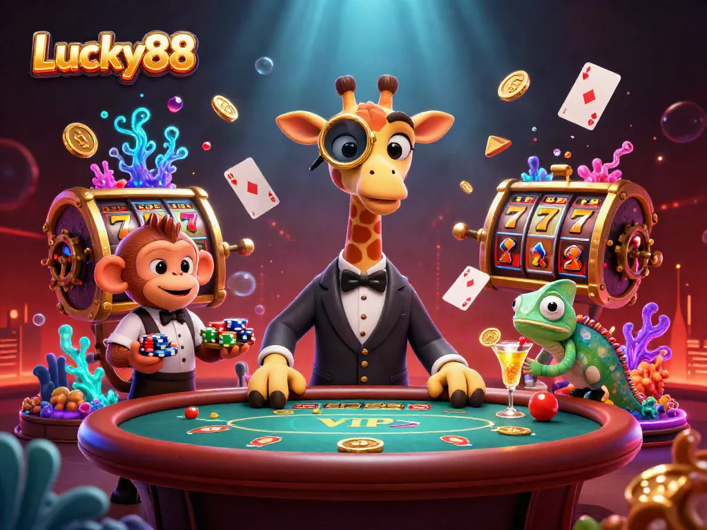 Enjoy thrilling wins at Lucky88 with a high-roller giraffe and vibrant casino elements.
