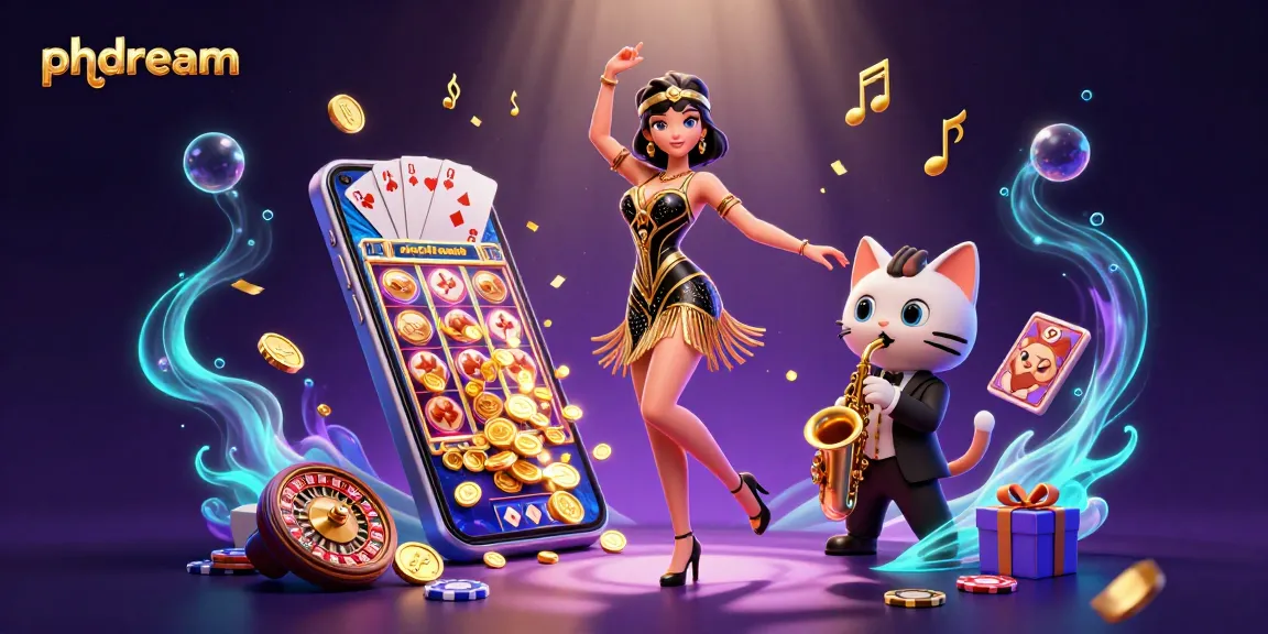 PHDream dazzles with a captivating online casino scene featuring animated characters amidst vibrant game elements.