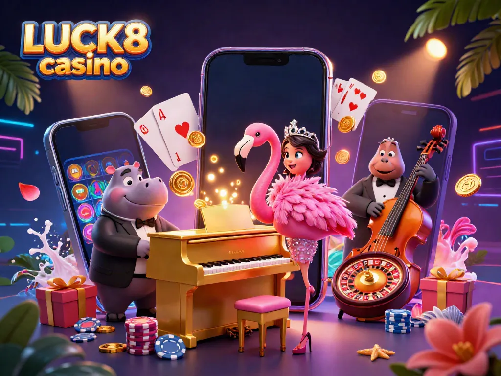 Experience the vibrant energy of LUCK8 casino with a lively flamingo singer and hippo bassist in a dynamic scene.