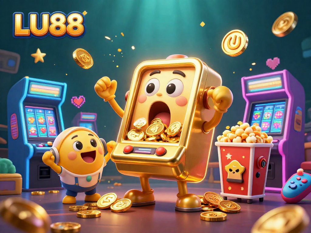 LU88 slot machine hits a jackpot with coins pouring out, captivating online casino scene.