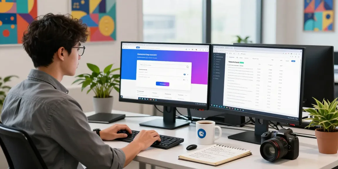 Young professional engaged in registro de dominios at a modern office desk.