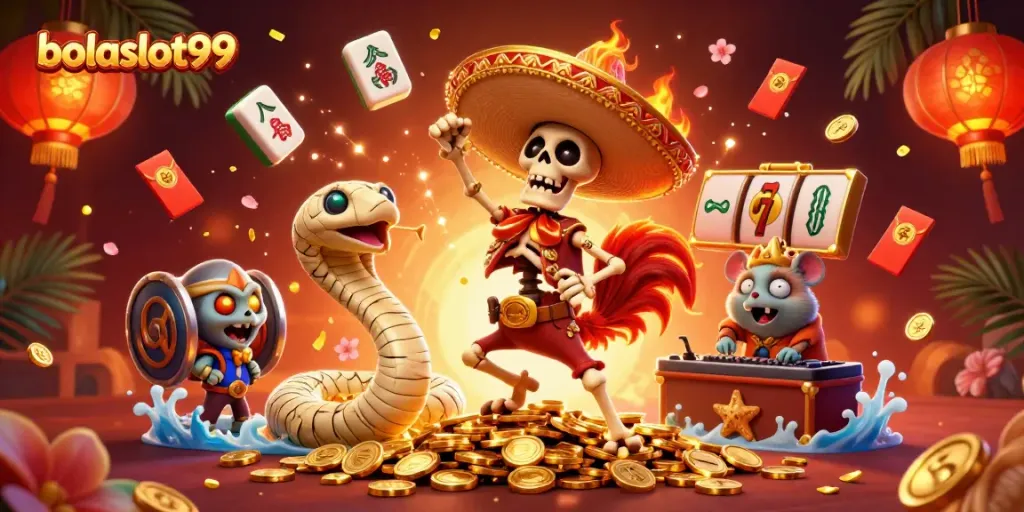 Bolaslot99 showcases a vibrant scene with festive characters celebrating a big win in a dynamic casino.