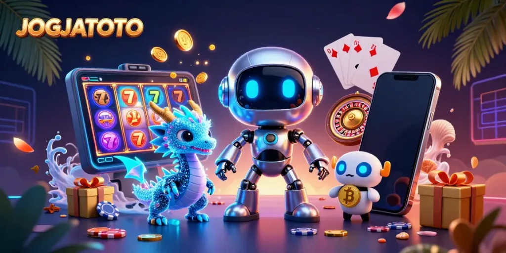 Engage with JOGJATOTO's vibrant gaming world featuring a cyberpunk mascot among casino elements.