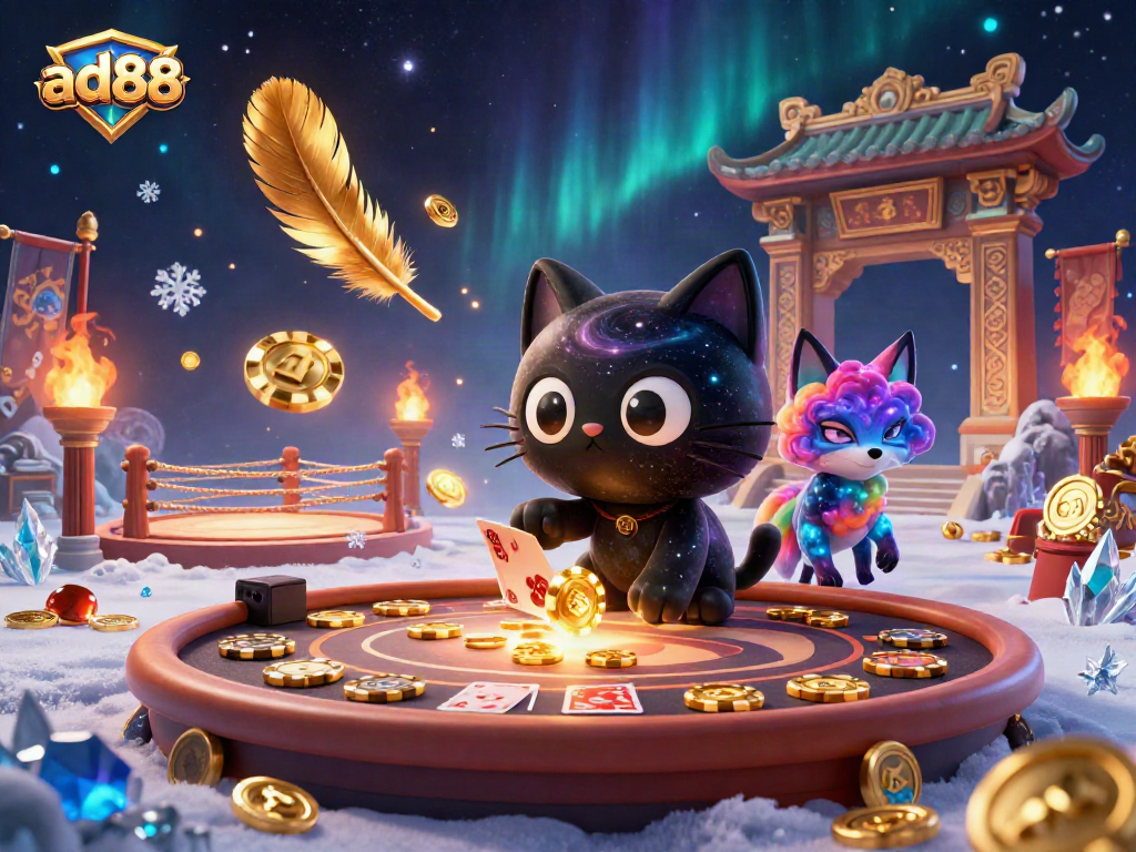 ad88 showcases a captivating cosmic casino scene with a black hole cat and nebula fox amidst golden chips and vibrant particles.