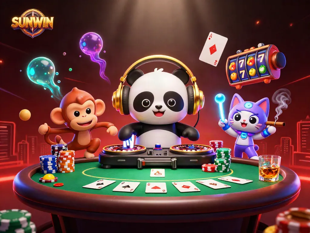 SUNWIN characters celebrate with a DJ panda, breakdancing monkey, and kitten amidst vibrant casino elements and colorful decorations.