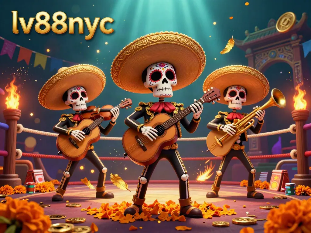 Gamble at lv88nyc with vibrant mariachi characters in a lively casino setting, featuring gold coins and fireworks.