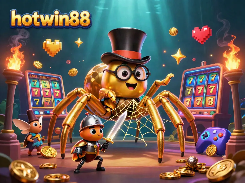 Join the excitement at hotwin88 with a colorful 3D casino scene showcasing a golden tarantula and more.