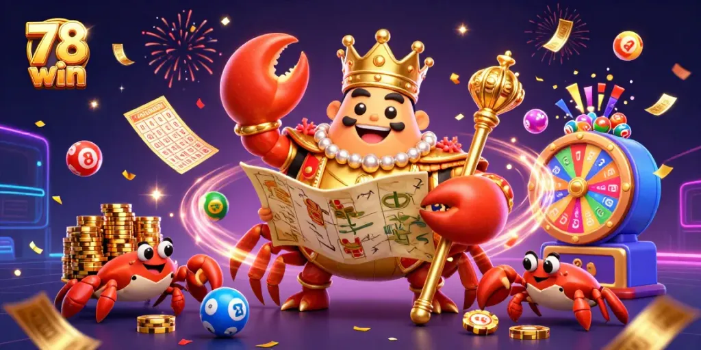 Experience thrilling gameplay with 78 win, featuring a golden crab emperor amidst vibrant lottery elements.