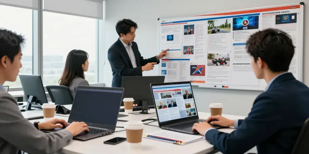 Journalists collaborating in a vibrant newsroom at elligilgal.com.