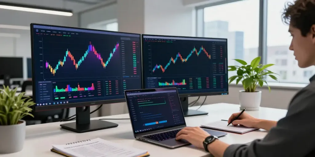 Ai Trading Software utilized in a high-tech trading workspace displaying Bitcoin charts and DeFi analytics.