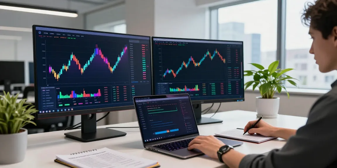 Ai Trading Software utilized in a high-tech trading workspace displaying Bitcoin charts and DeFi analytics.