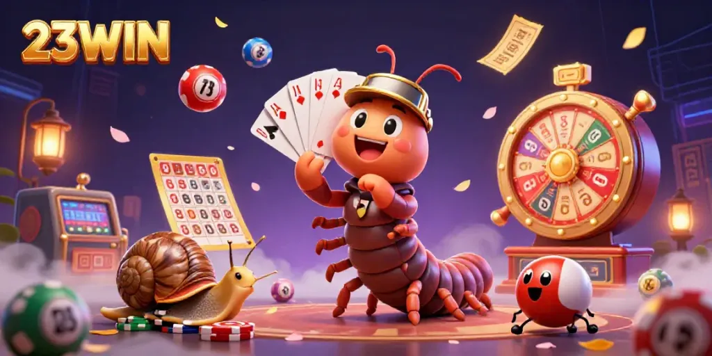 Engage with 23WIN's exciting casino atmosphere featuring a lively millipede dealer, high-roller snail, and vibrant lottery elements.