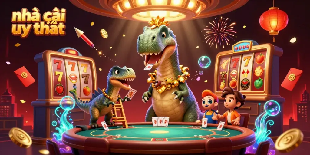 Engage in thrilling play at Nhà cái uy tín with vibrant 3D casino scene featuring dynamic characters and game elements.