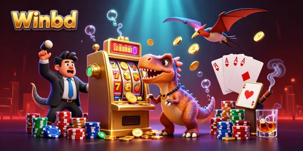 Winbd scene depicting a pachycephalosaurus winning a jackpot at a slot machine amidst casino chaos.